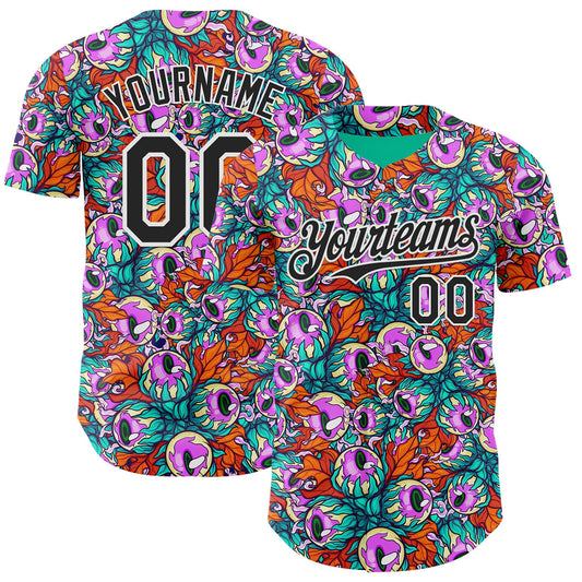 Custom Green Black-White Psychedelic Trippy Alien Flora Authentic Baseball Jersey - Main View