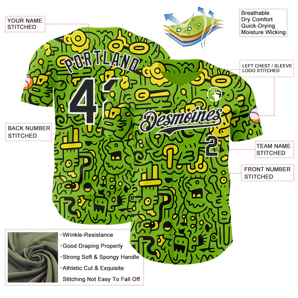 Custom Neon Green Black-White Psychedelic Trippy Neon Monster Authentic Baseball Jersey view 3