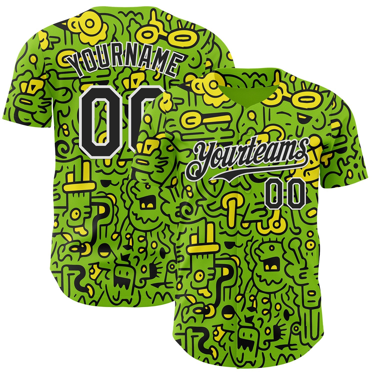Custom Neon Green Black-White Psychedelic Trippy Neon Monster Authentic Baseball Jersey - Main View