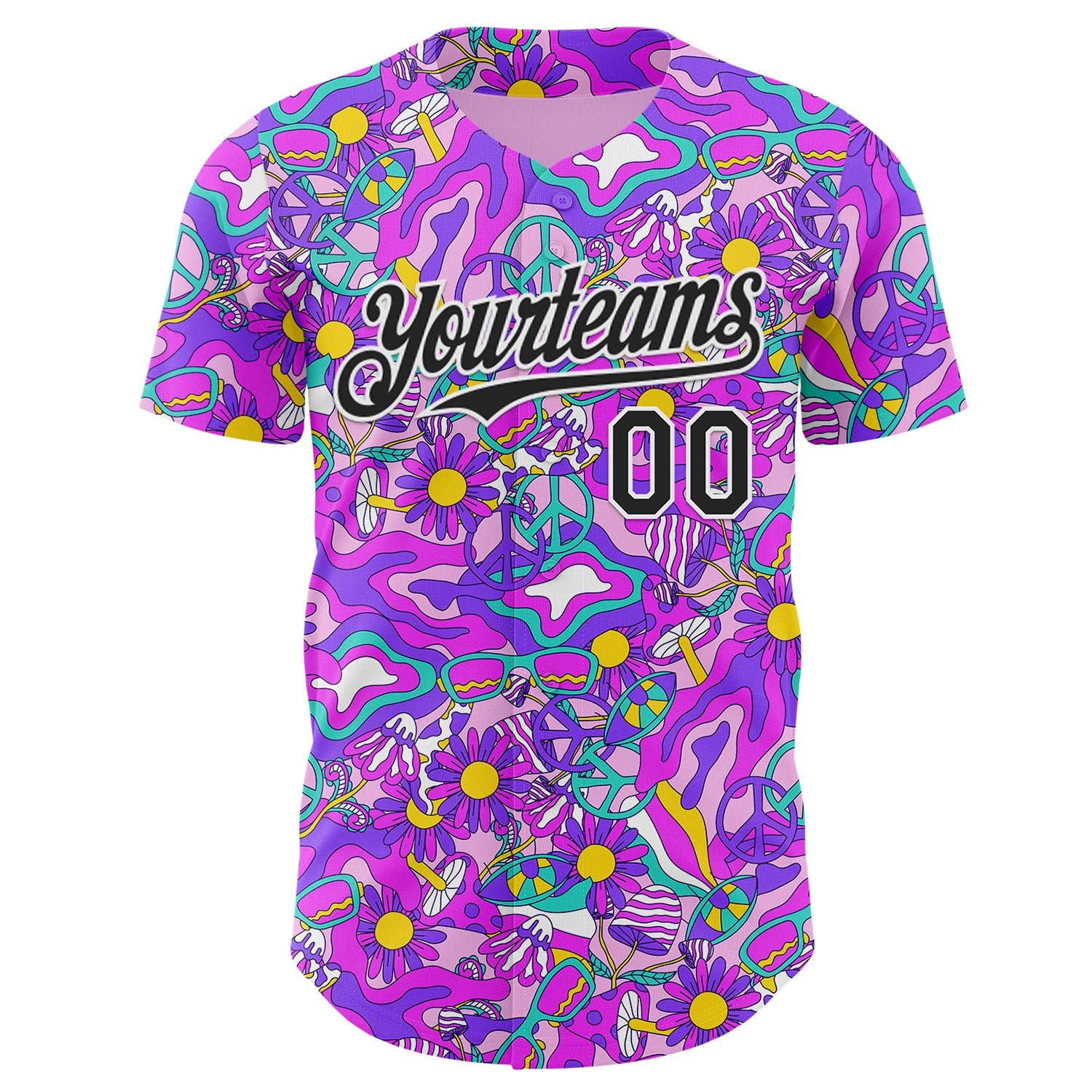 Custom Purple Black-White Psychedelic Trippy Mushroom & Floral Authentic Baseball Jersey view 2