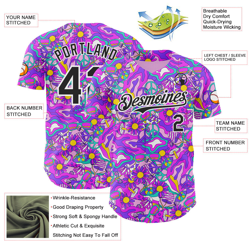Custom Purple Black-White Psychedelic Trippy Mushroom & Floral Authentic Baseball Jersey view 3