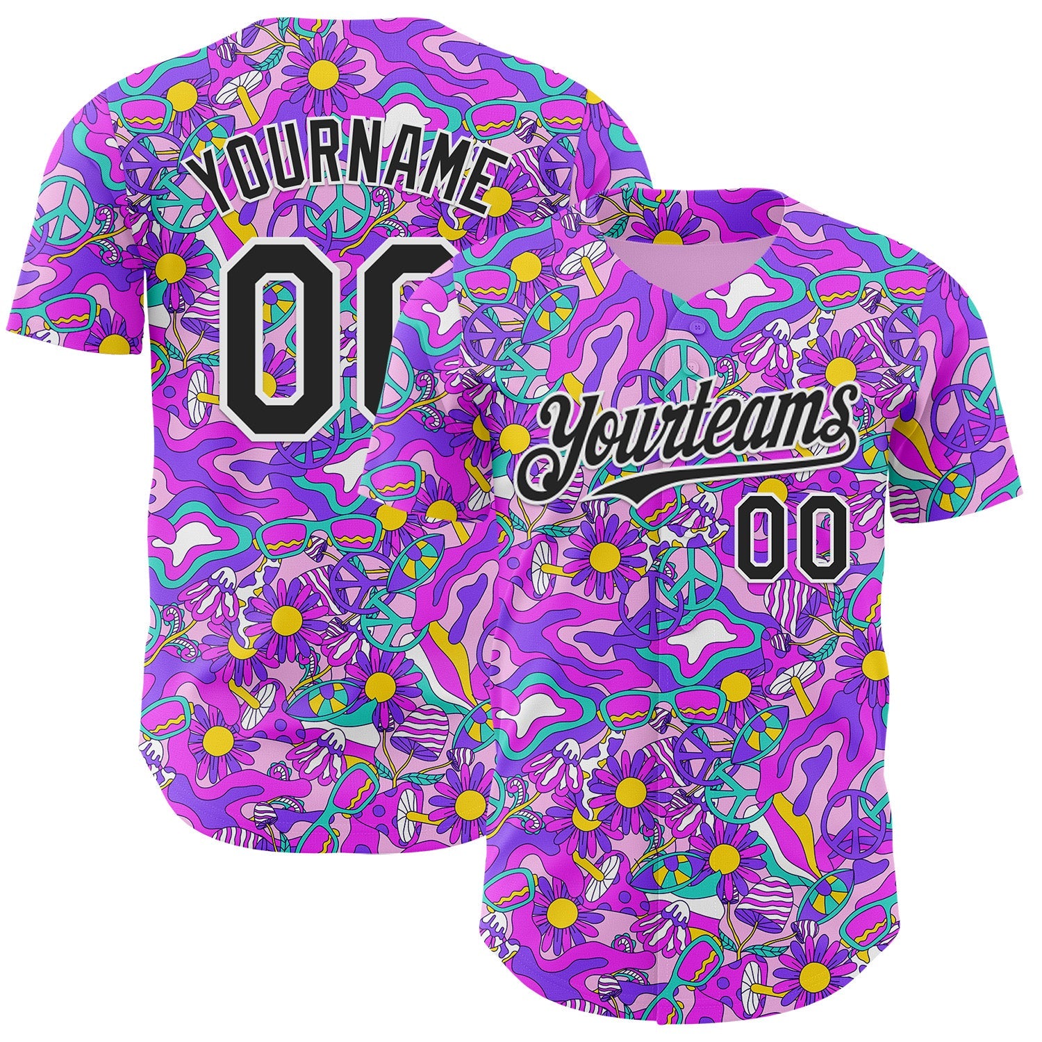 Custom Purple Black-White Psychedelic Trippy Mushroom & Floral Authentic Baseball Jersey - Main View