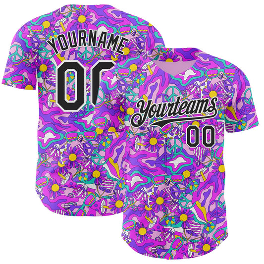 Custom Purple Black-White Psychedelic Trippy Mushroom & Floral Authentic Baseball Jersey - Main View