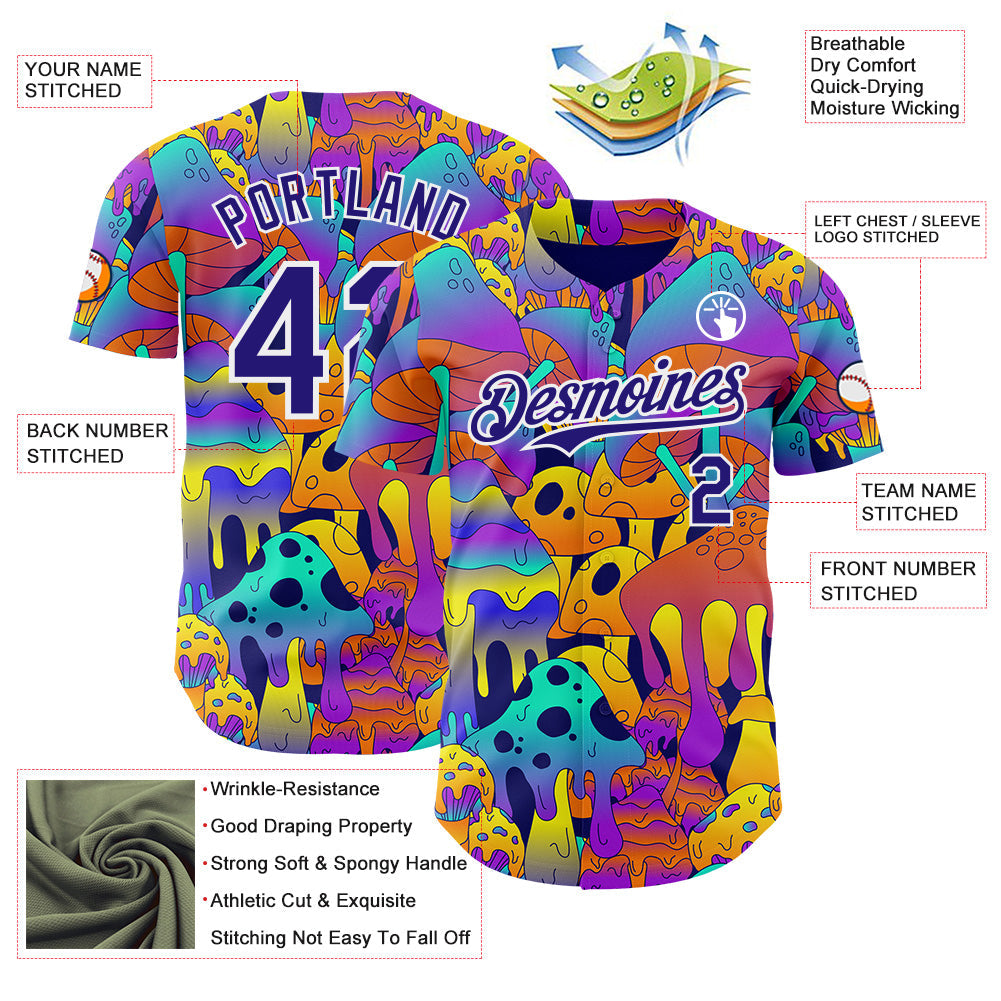 Custom Dark Purple-White Psychedelic Trippy Mushroom Authentic Baseball Jersey view 3
