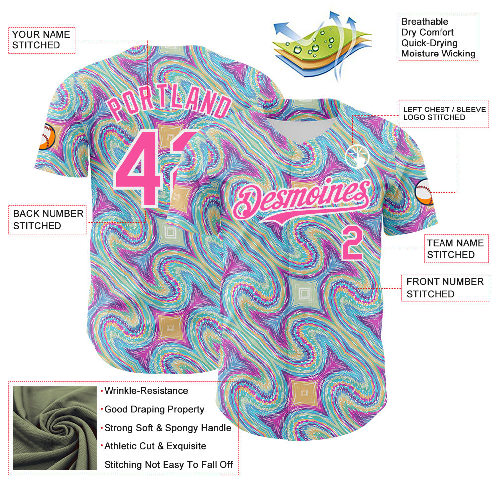 Custom White-Pink Psychedelic Trippy Swirl Authentic Baseball Jersey view 3