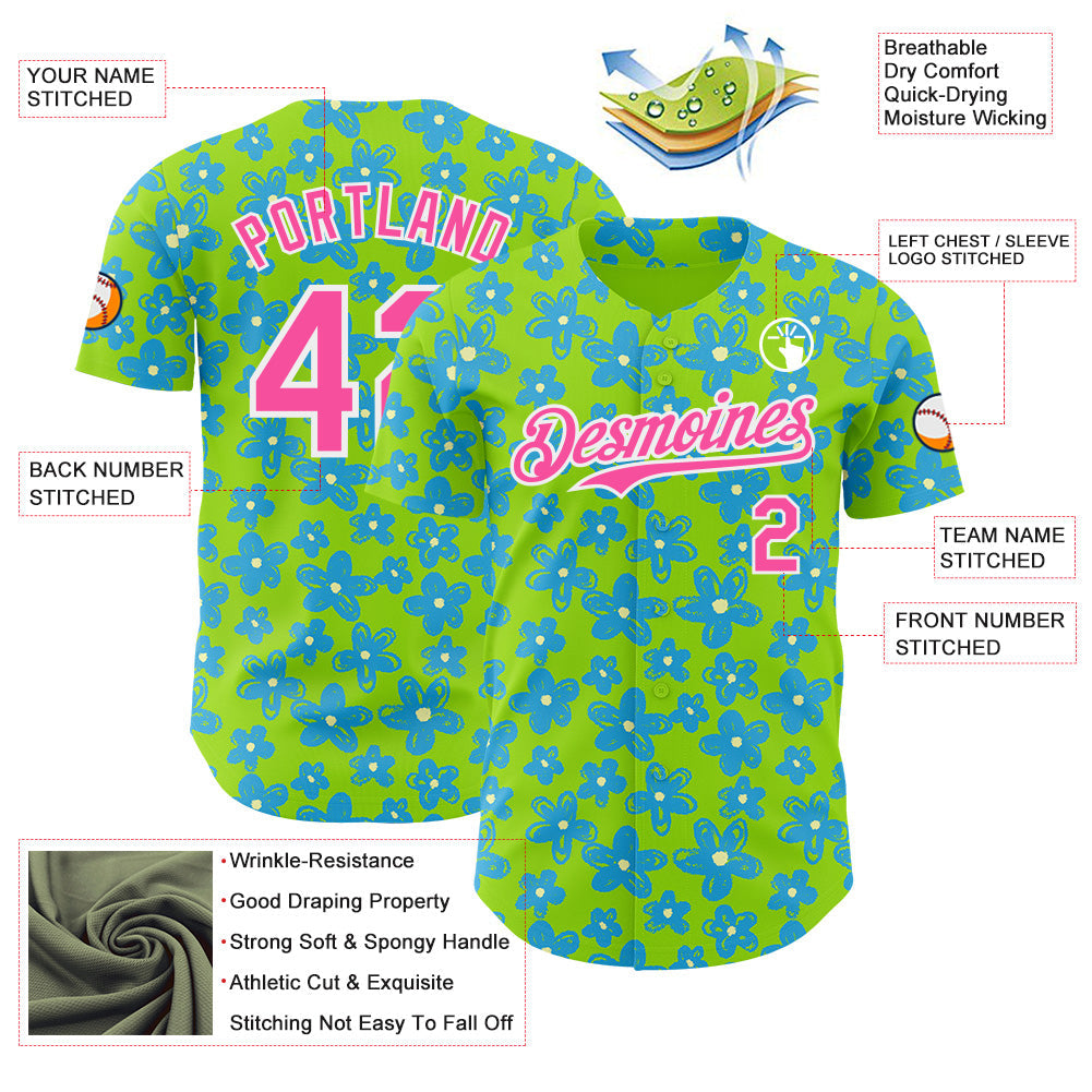 Custom Neon Green Pink-White Psychedelic Trippy Flower Authentic Baseball Jersey view 3