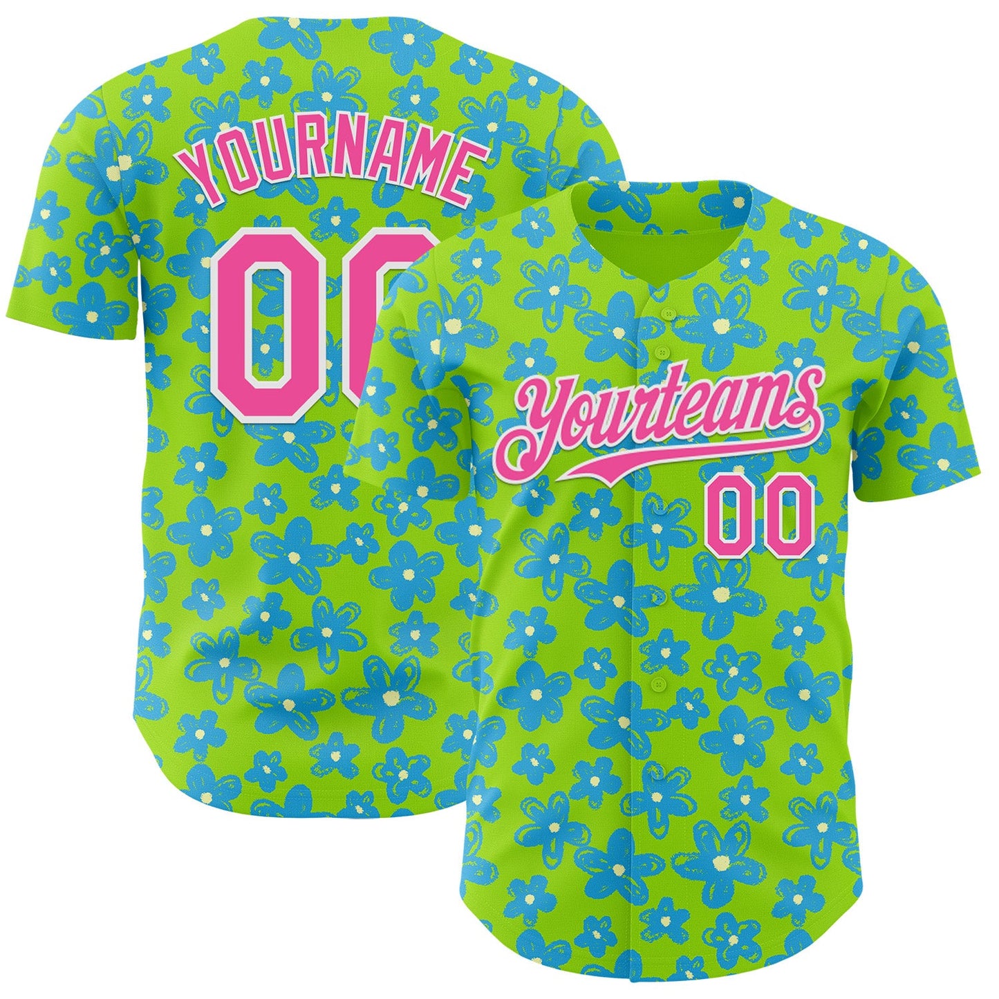 Custom Neon Green Pink-White Psychedelic Trippy Flower Authentic Baseball Jersey - Main View