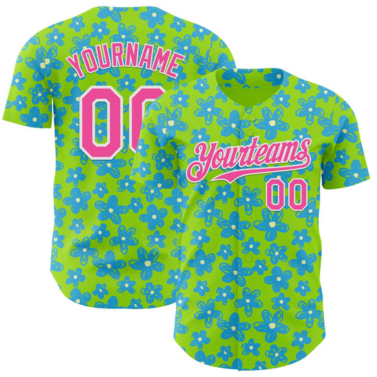 Custom Neon Green Pink-White Psychedelic Trippy Flower Authentic Baseball Jersey - Main View