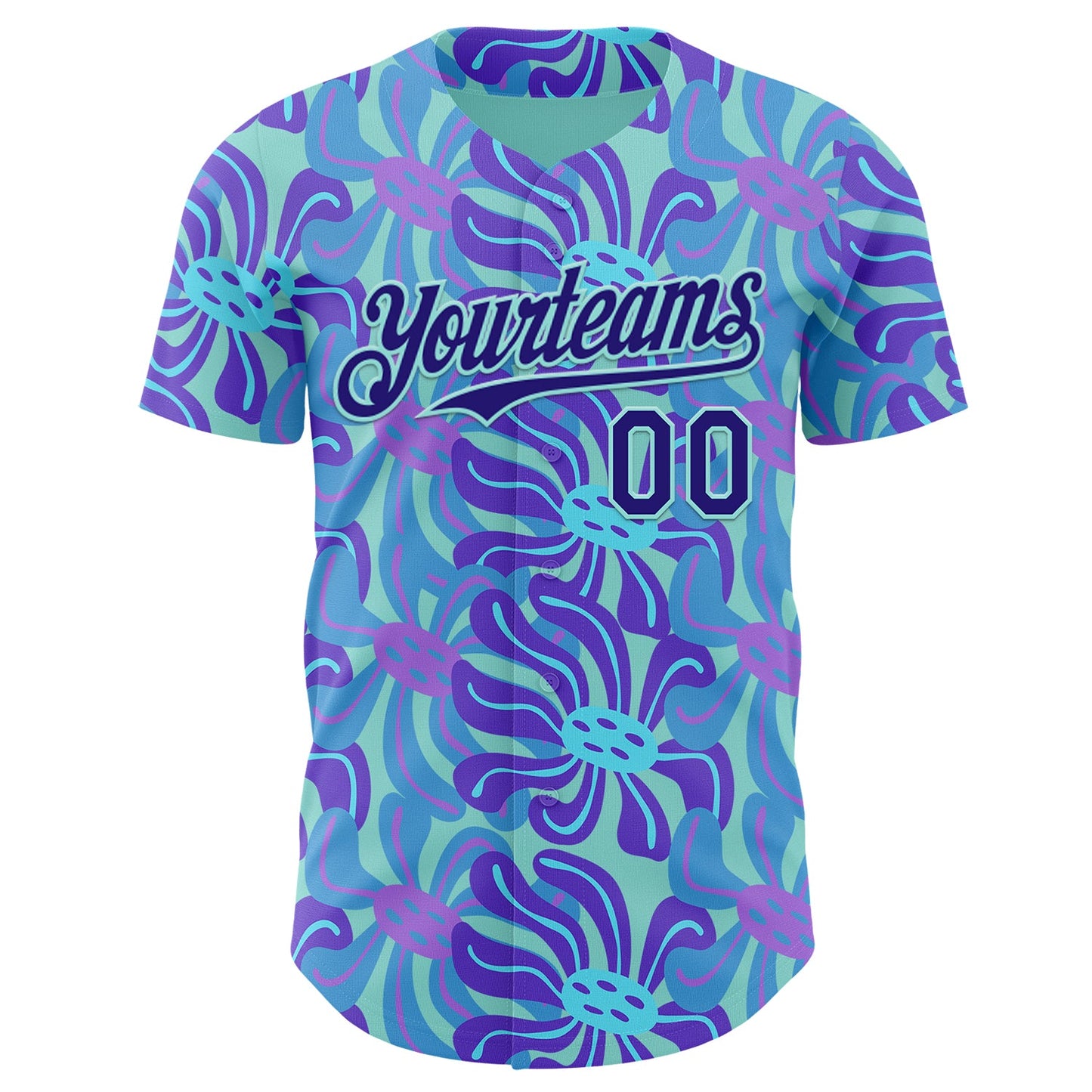 Custom Ice Blue-Dark Purple Psychedelic Trippy Flower Authentic Baseball Jersey view 2