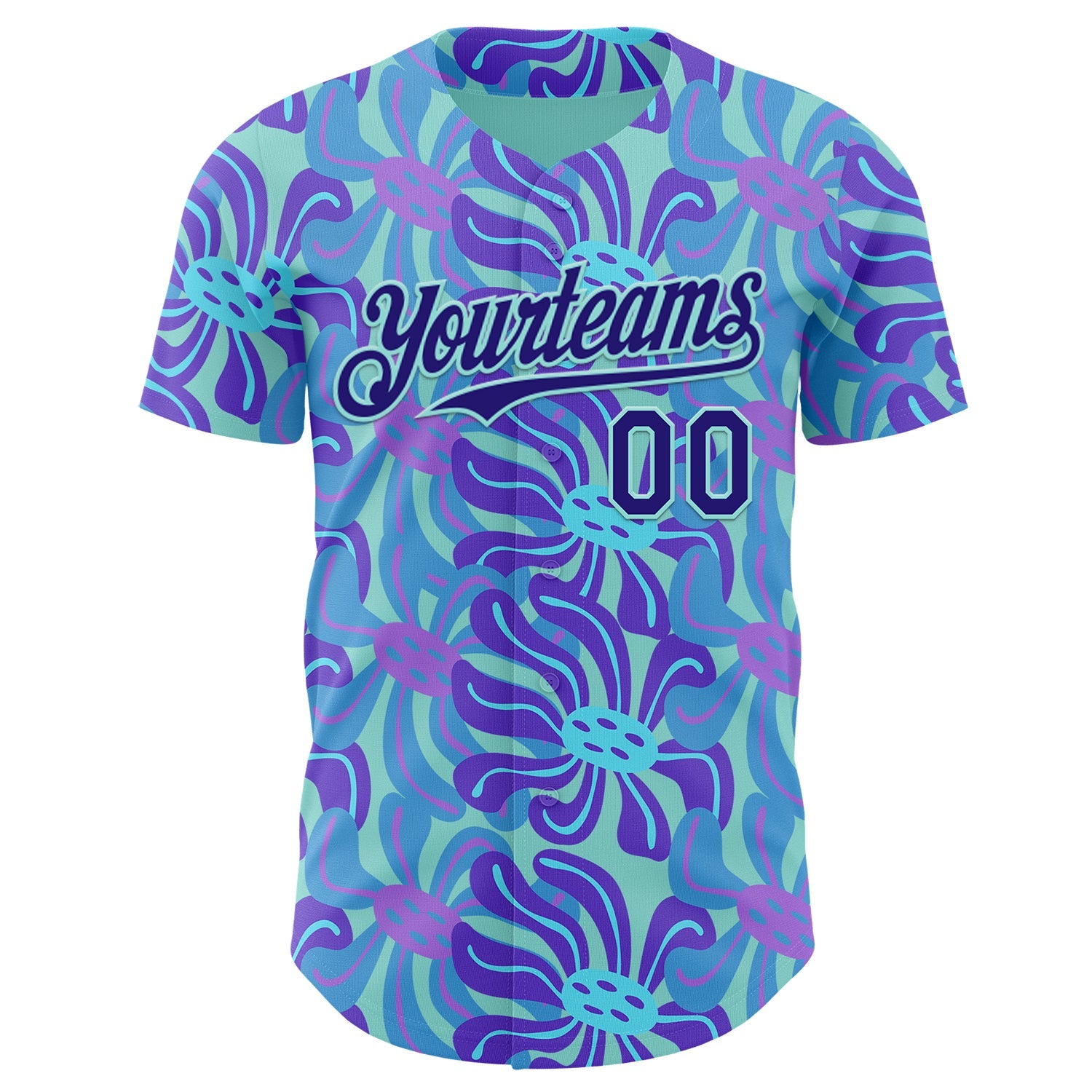 Custom Ice Blue-Dark Purple Psychedelic Trippy Flower Authentic Baseball Jersey view 2