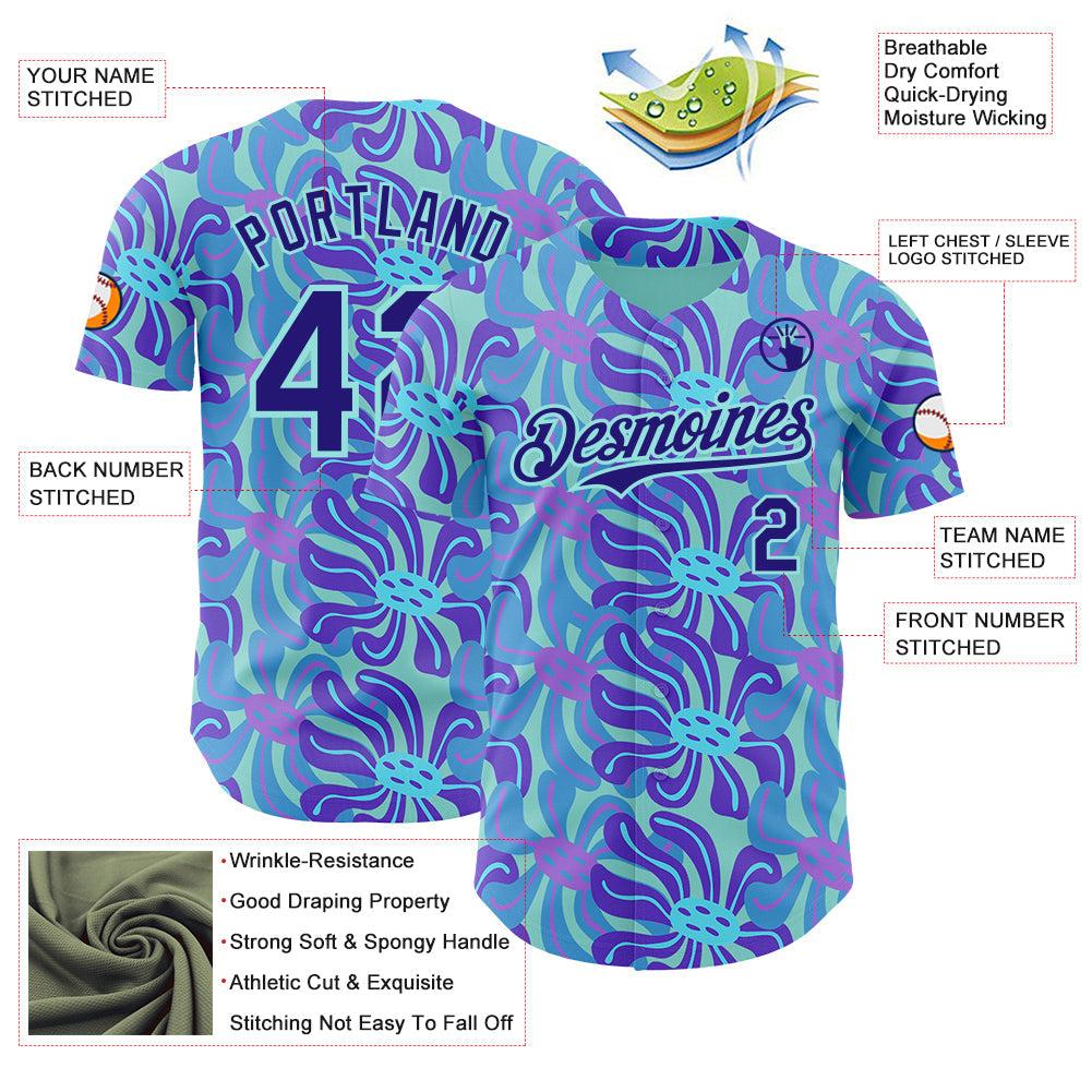 Custom Ice Blue-Dark Purple Psychedelic Trippy Flower Authentic Baseball Jersey view 3