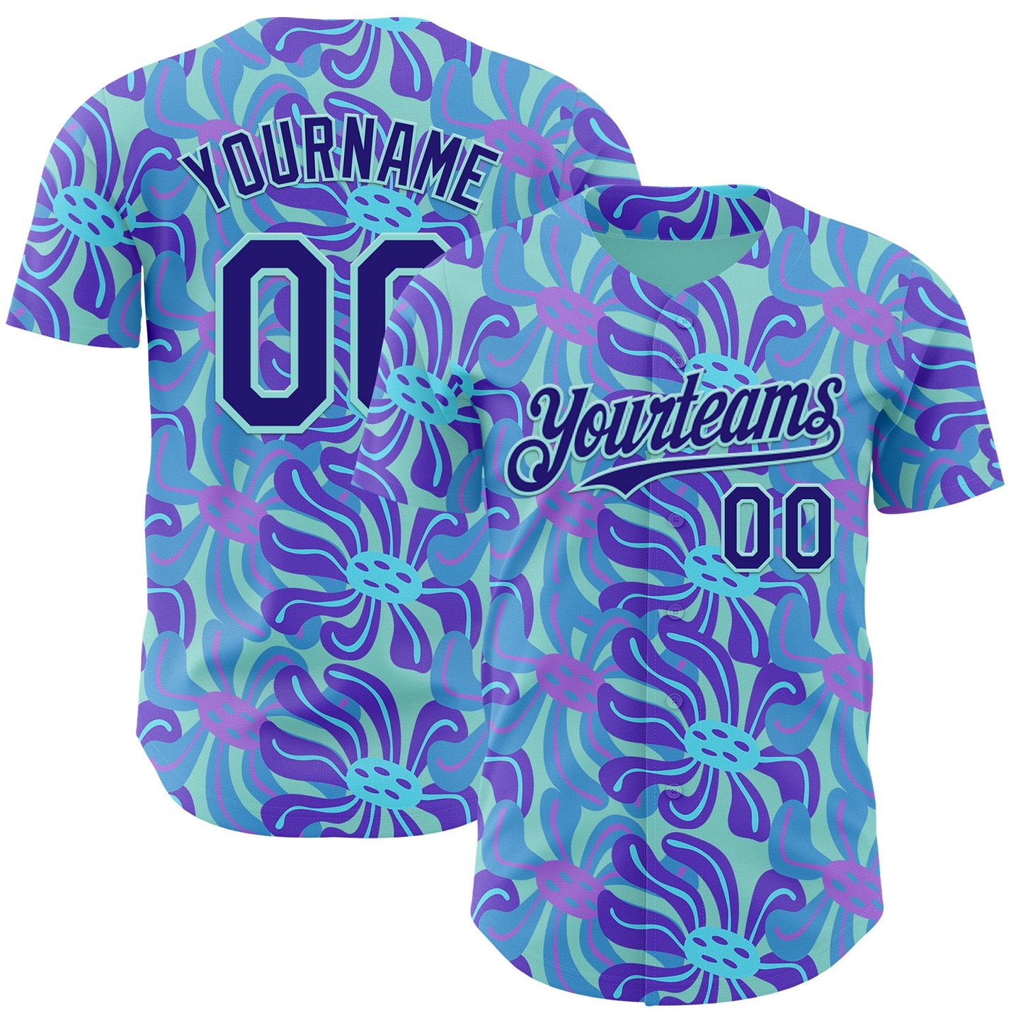 Custom Ice Blue-Dark Purple Psychedelic Trippy Flower Authentic Baseball Jersey - Main View