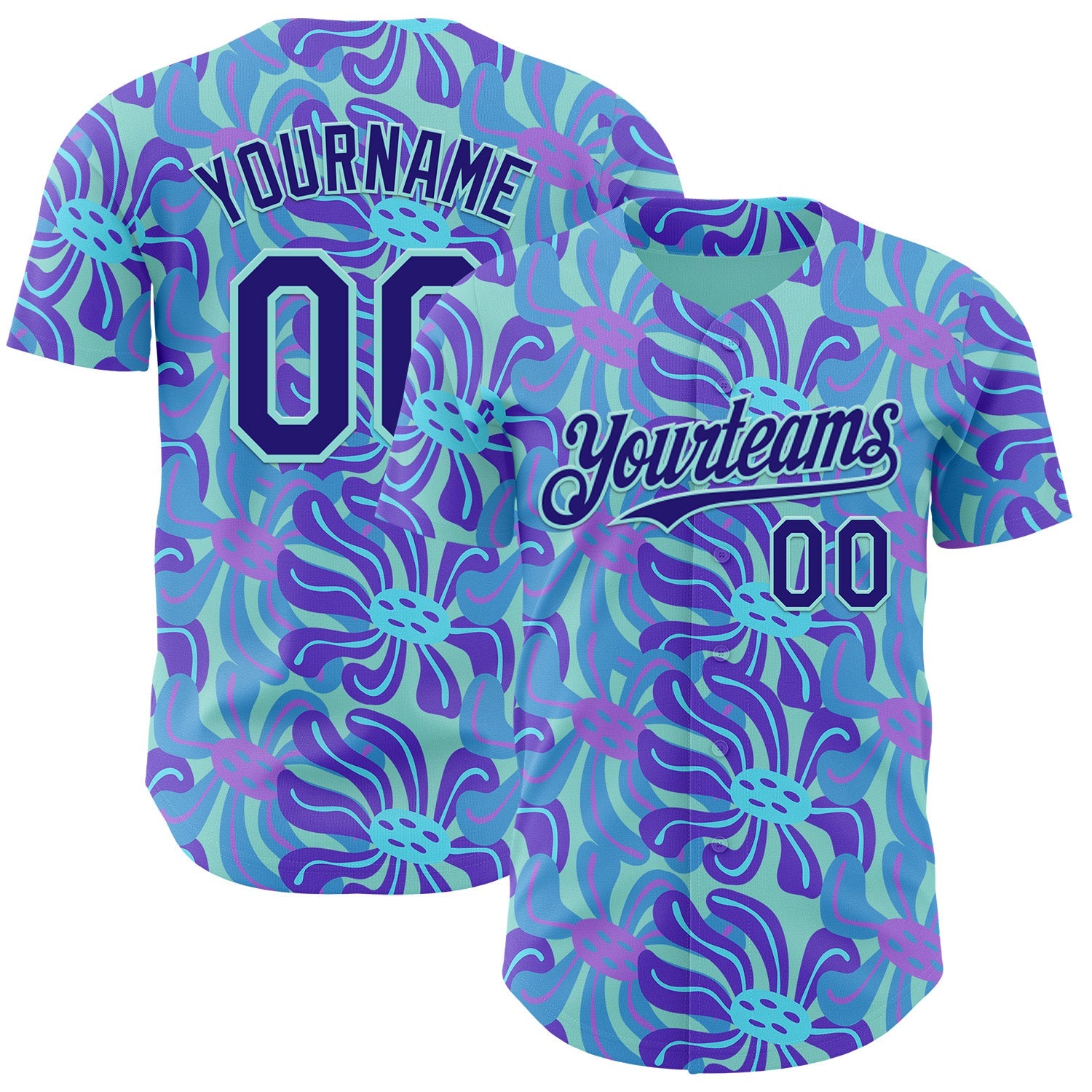 Custom Ice Blue-Dark Purple Psychedelic Trippy Flower Authentic Baseball Jersey - Main View