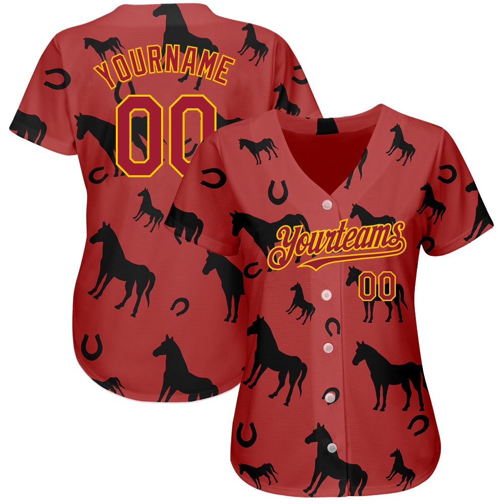 Custom Cardinal Yellow 3D Pattern Design Horse Authentic Baseball Jersey view 2