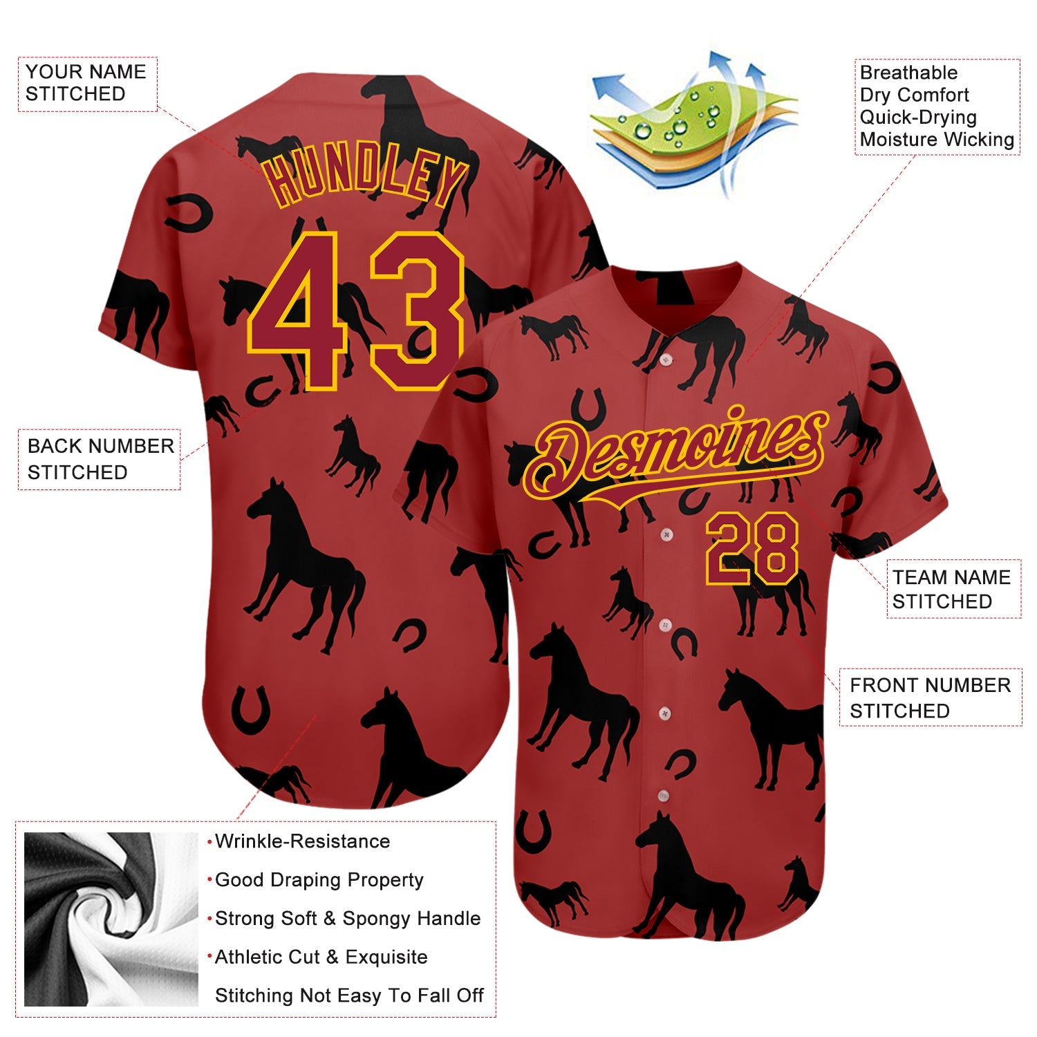 Custom Cardinal Yellow 3D Pattern Design Horse Authentic Baseball Jersey view 3