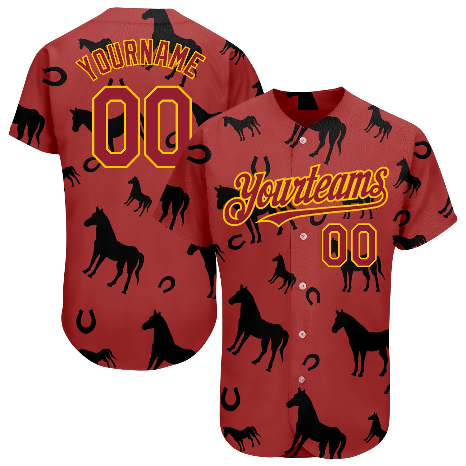 Custom Cardinal Yellow 3D Pattern Design Horse Authentic Baseball Jersey - Main View