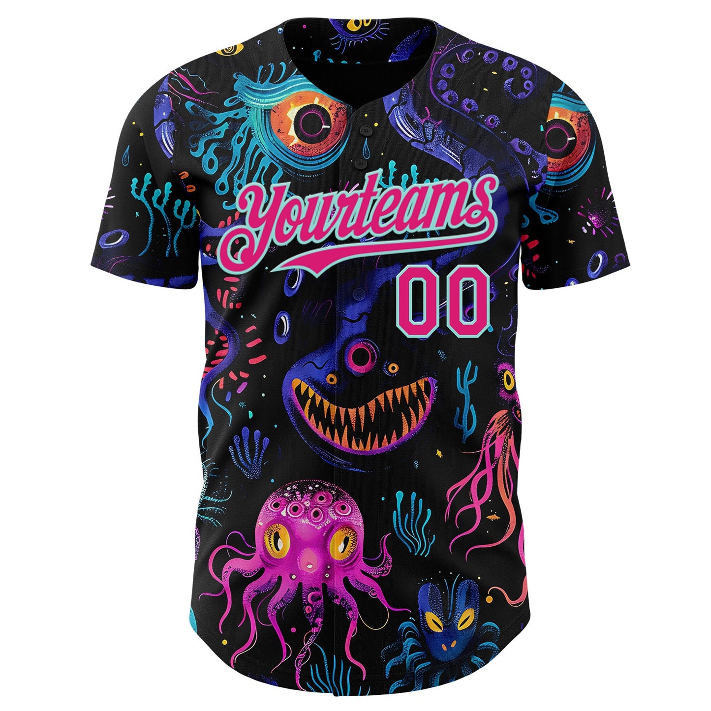 Custom Black Hot Pink-Ice Blue Psychedelic Trippy Sea Life Jellyfish & Octopus Authentic Baseball Jersey view 2