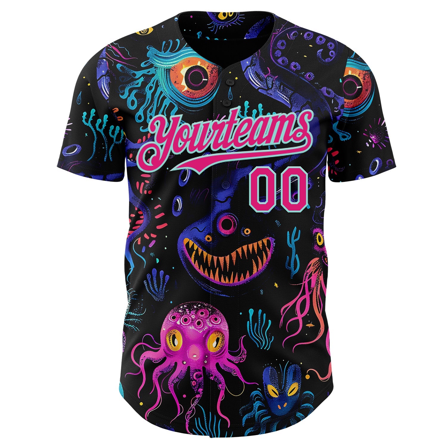 Custom Black Hot Pink-Ice Blue Psychedelic Trippy Sea Life Jellyfish & Octopus Authentic Baseball Jersey view 2