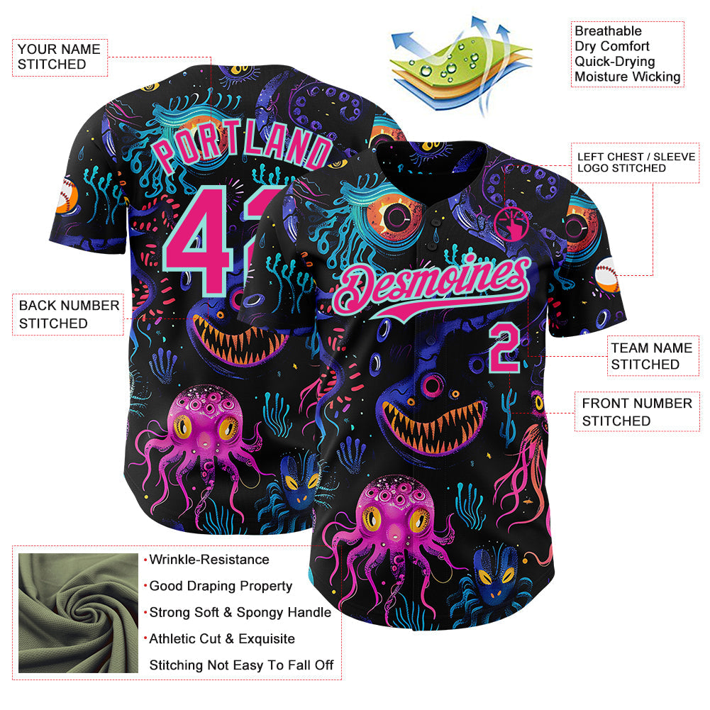Custom Black Hot Pink-Ice Blue Psychedelic Trippy Sea Life Jellyfish & Octopus Authentic Baseball Jersey view 3