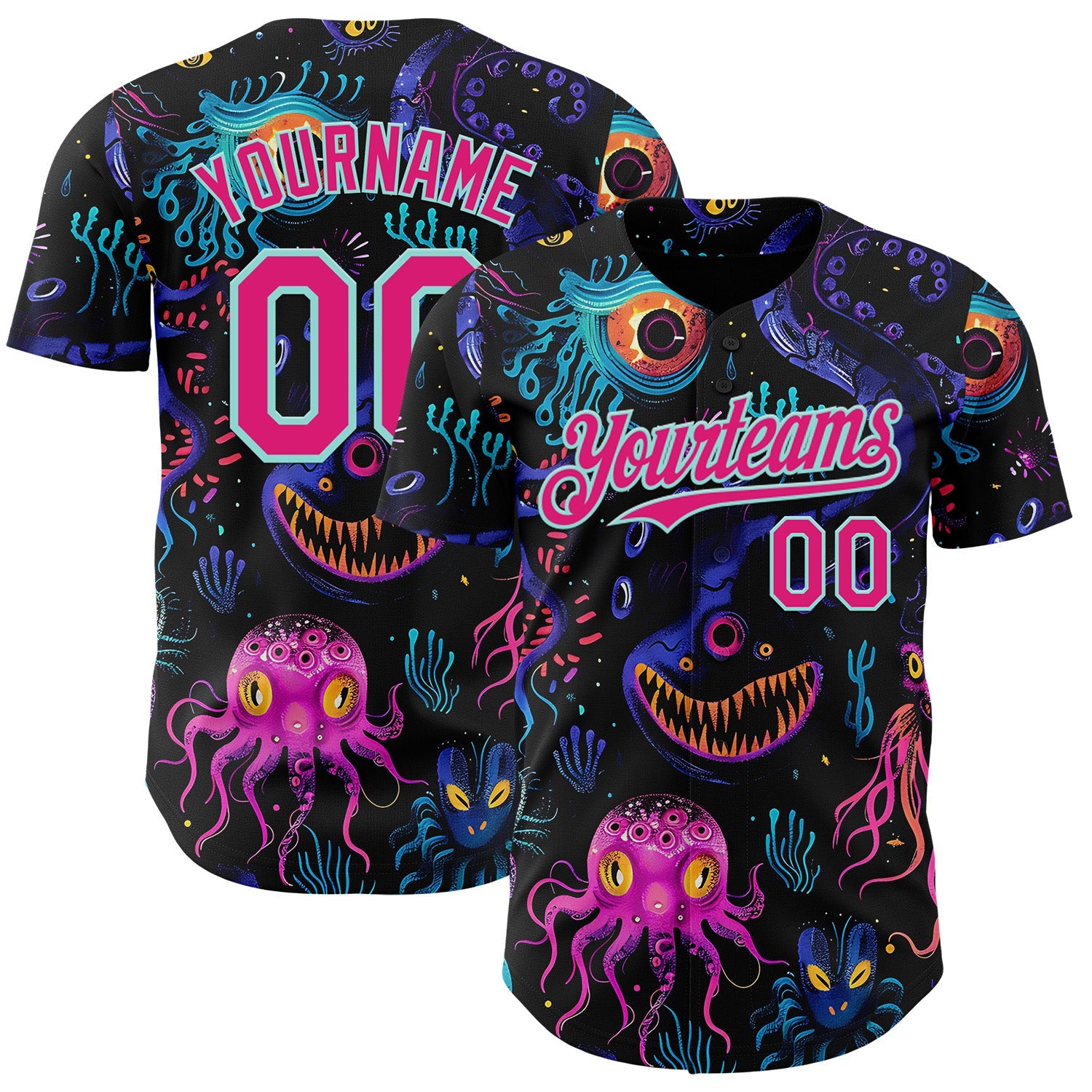 Custom Black Hot Pink-Ice Blue Psychedelic Trippy Sea Life Jellyfish & Octopus Authentic Baseball Jersey - Main View