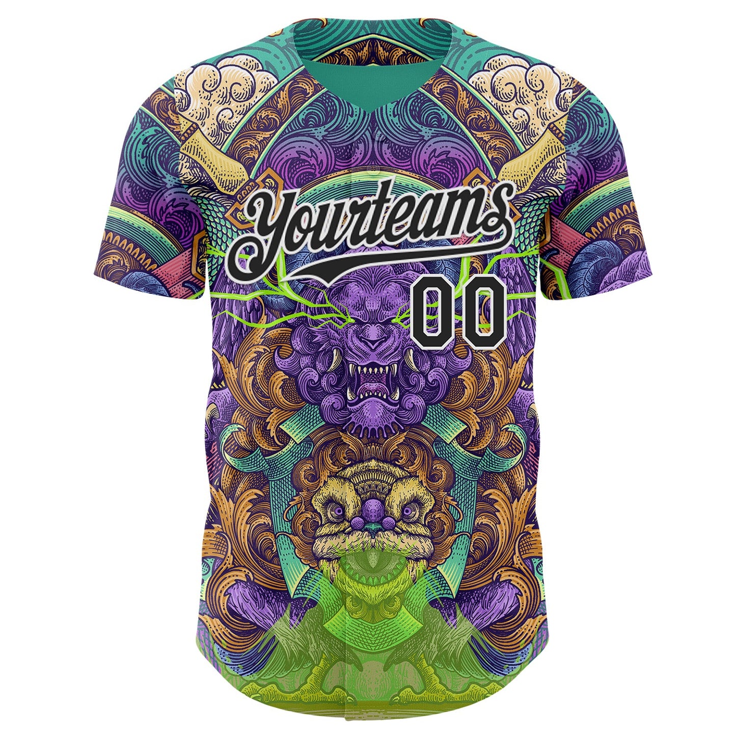 Custom Green Black-White Psychedelic Trippy Oriental Mythic Authentic Baseball Jersey view 2