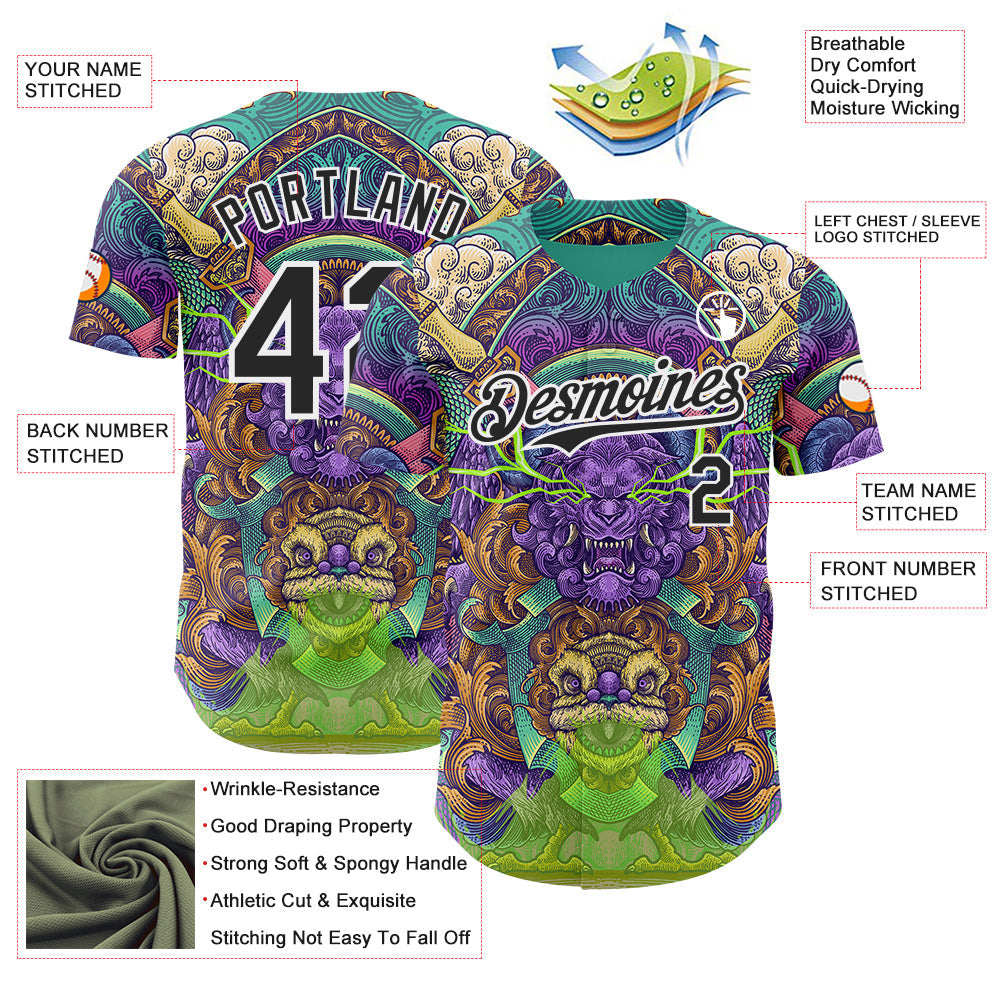 Custom Green Black-White Psychedelic Trippy Oriental Mythic Authentic Baseball Jersey view 3