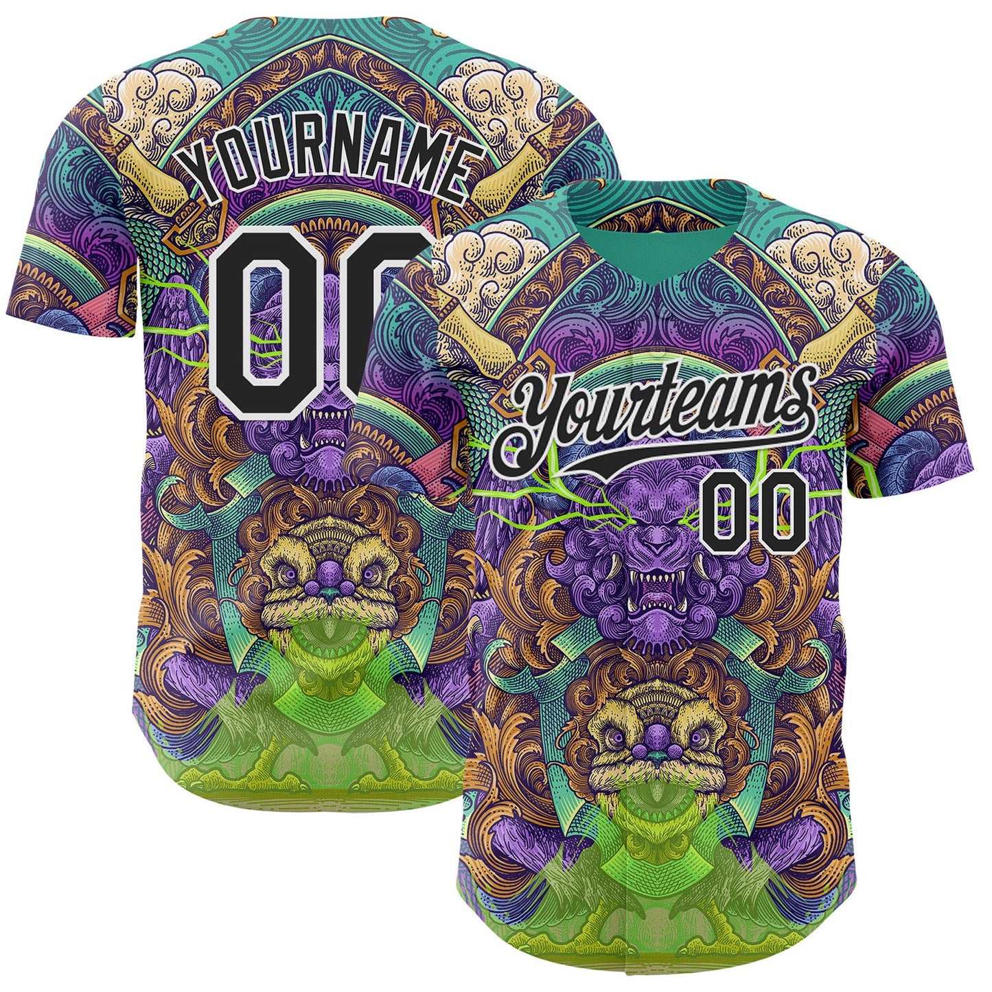 Custom Green Black-White Psychedelic Trippy Oriental Mythic Authentic Baseball Jersey - Main View