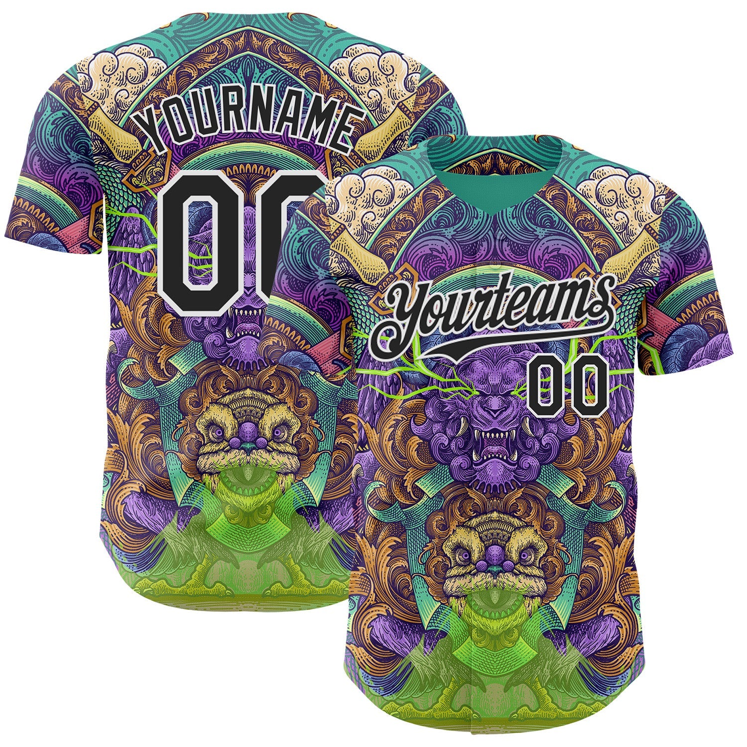 Custom Green Black-White Psychedelic Trippy Oriental Mythic Authentic Baseball Jersey - Main View