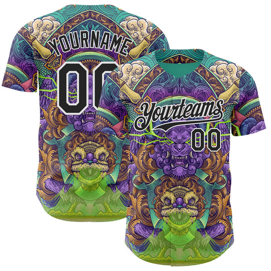 Custom Green Black-White Psychedelic Trippy Oriental Mythic Authentic Baseball Jersey - Main View