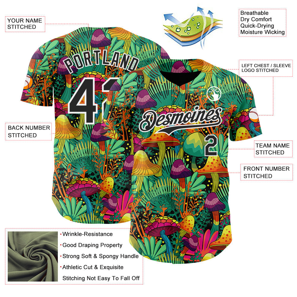 Custom Green Black-White Trippy Trippy Magic Mushroom Authentic Baseball Jersey view 3
