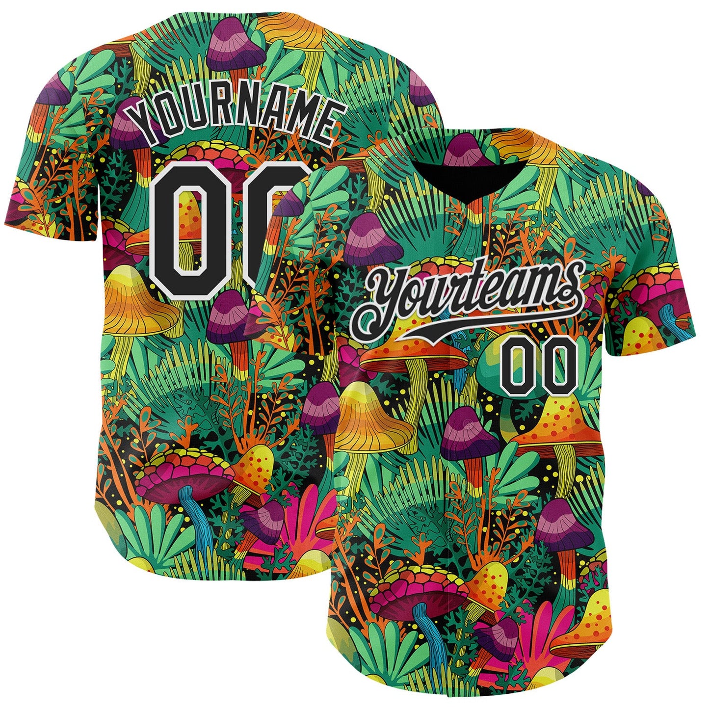 Custom Green Black-White Trippy Trippy Magic Mushroom Authentic Baseball Jersey - Main View