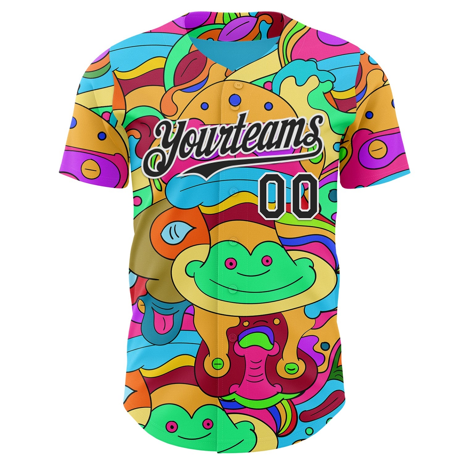 Custom Green Black-White Psychedelic Trippy Doodle Cartoon Authentic Baseball Jersey view 2