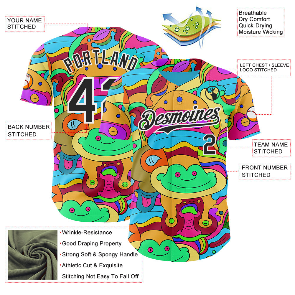 Custom Green Black-White Psychedelic Trippy Doodle Cartoon Authentic Baseball Jersey view 3