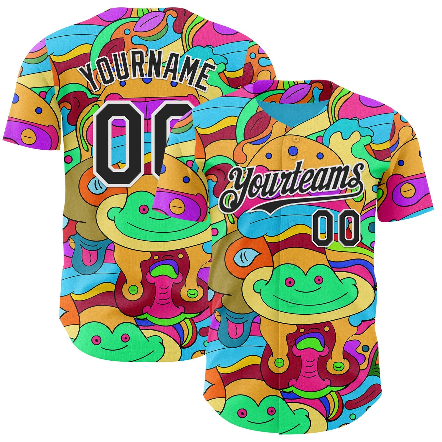 Custom Green Black-White Psychedelic Trippy Doodle Cartoon Authentic Baseball Jersey - Main View