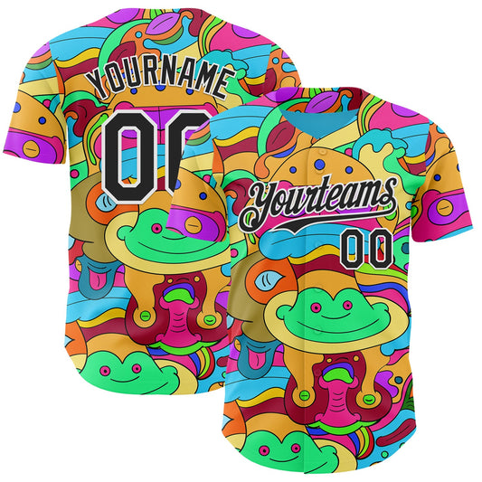Custom Green Black-White Psychedelic Trippy Doodle Cartoon Authentic Baseball Jersey - Main View