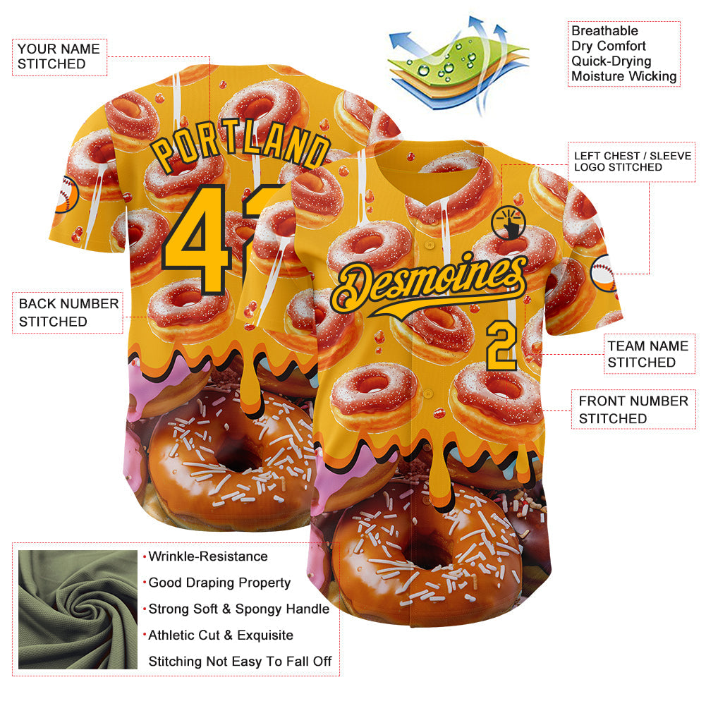Custom Gold-Black Ice Cream Donut Foodie Dessert Authentic Baseball Jersey view 3