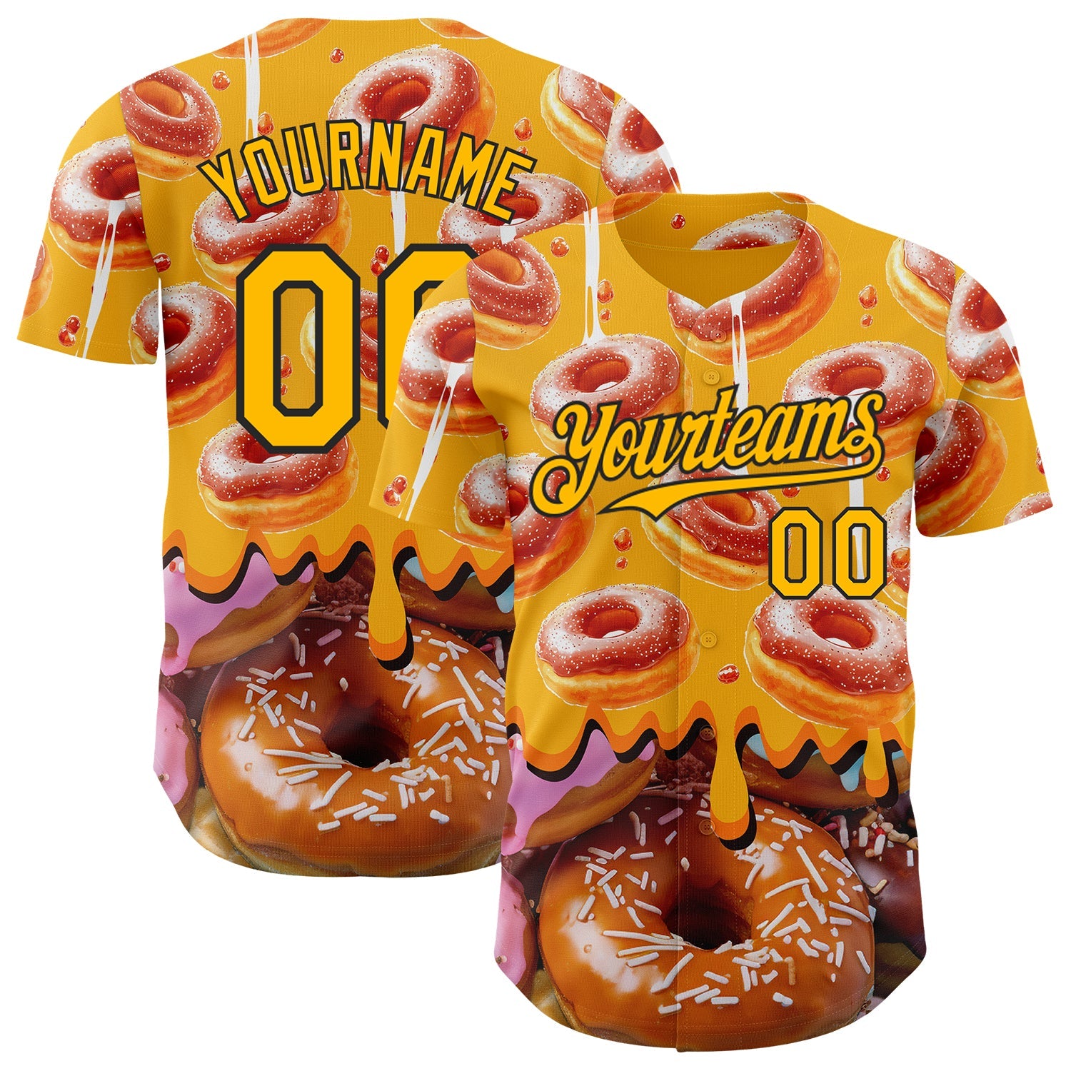 Custom Gold-Black Ice Cream Donut Foodie Dessert Authentic Baseball Jersey - Main View