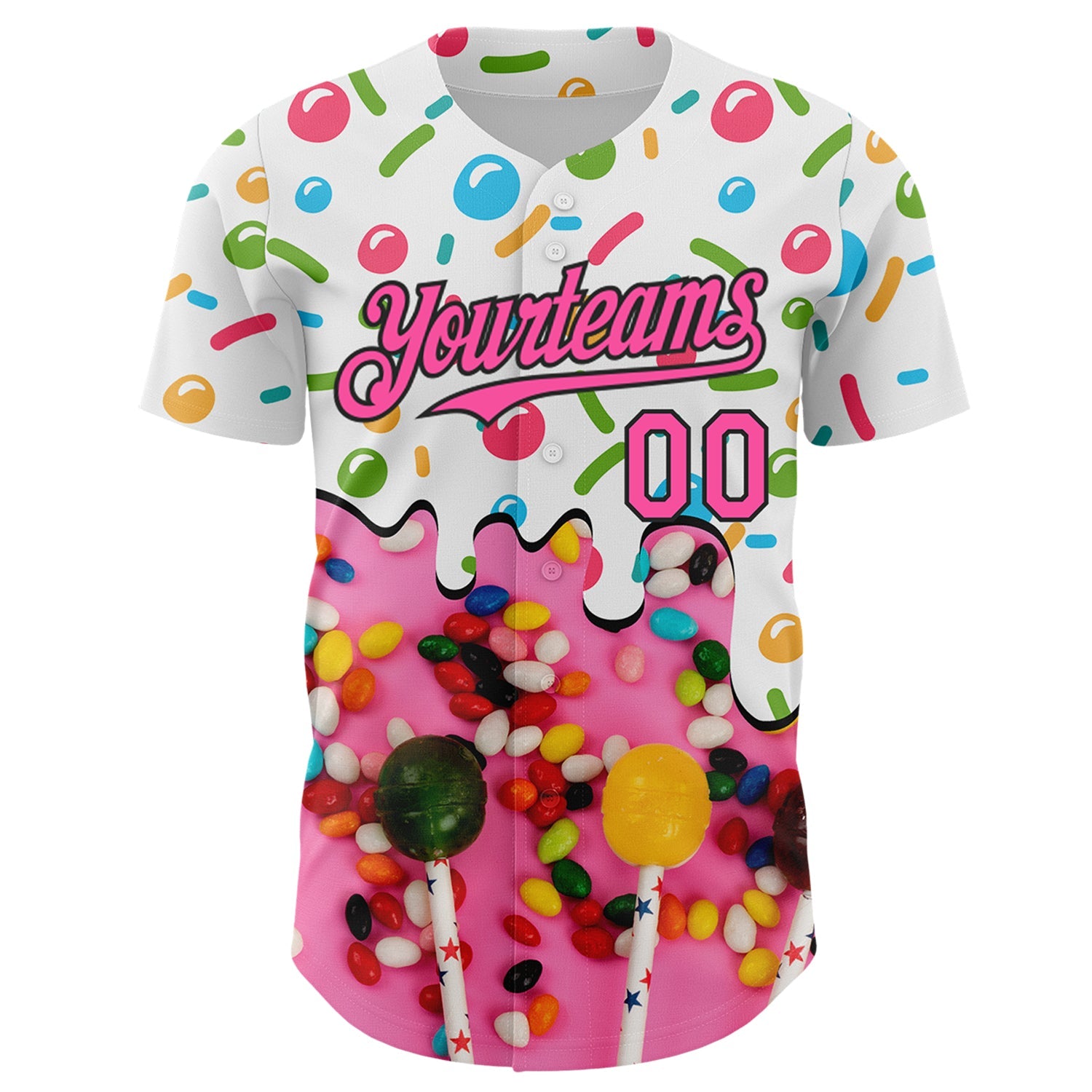 Custom White Pink-Black Ice Cream Candy Lollipops Sweet Sugar Authentic Baseball Jersey view 2