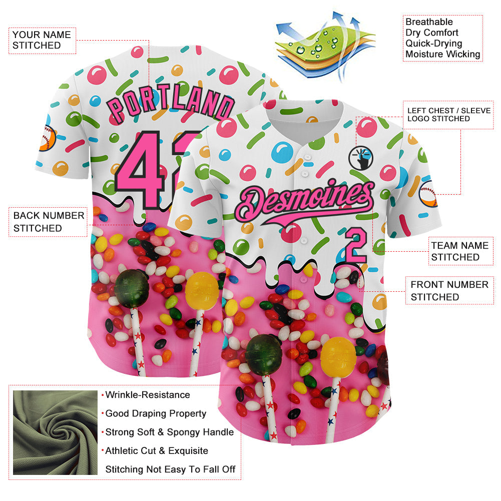 Custom White Pink-Black Ice Cream Candy Lollipops Sweet Sugar Authentic Baseball Jersey view 3