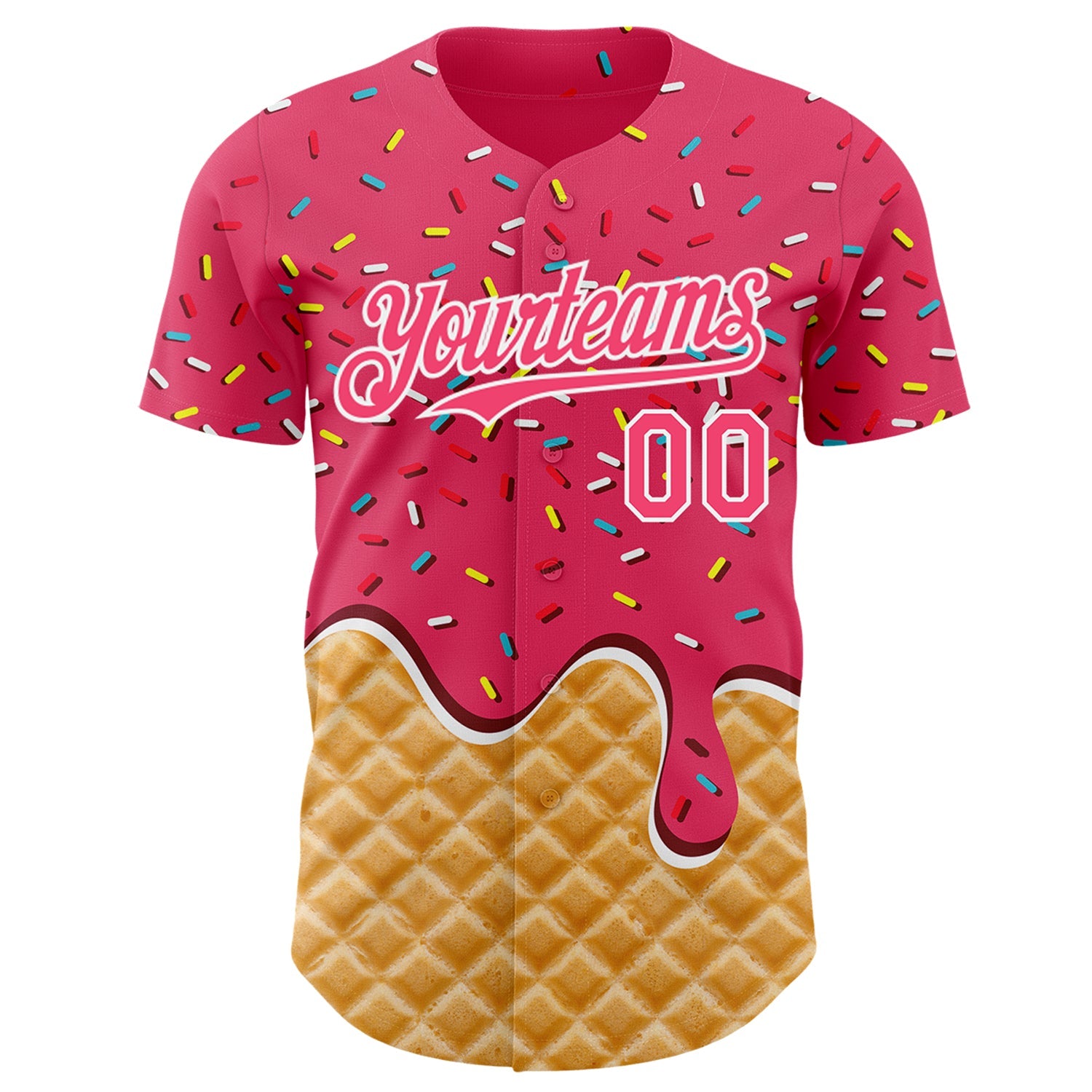 Custom Neon Pink-White Ice Cream Waffle Foodie Dessert Authentic Baseball Jersey view 2