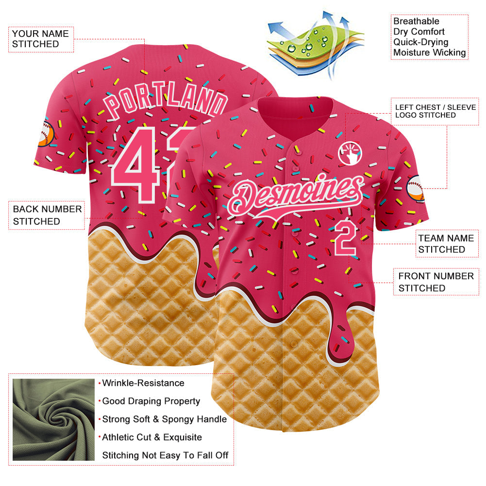 Custom Neon Pink-White Ice Cream Waffle Foodie Dessert Authentic Baseball Jersey view 3