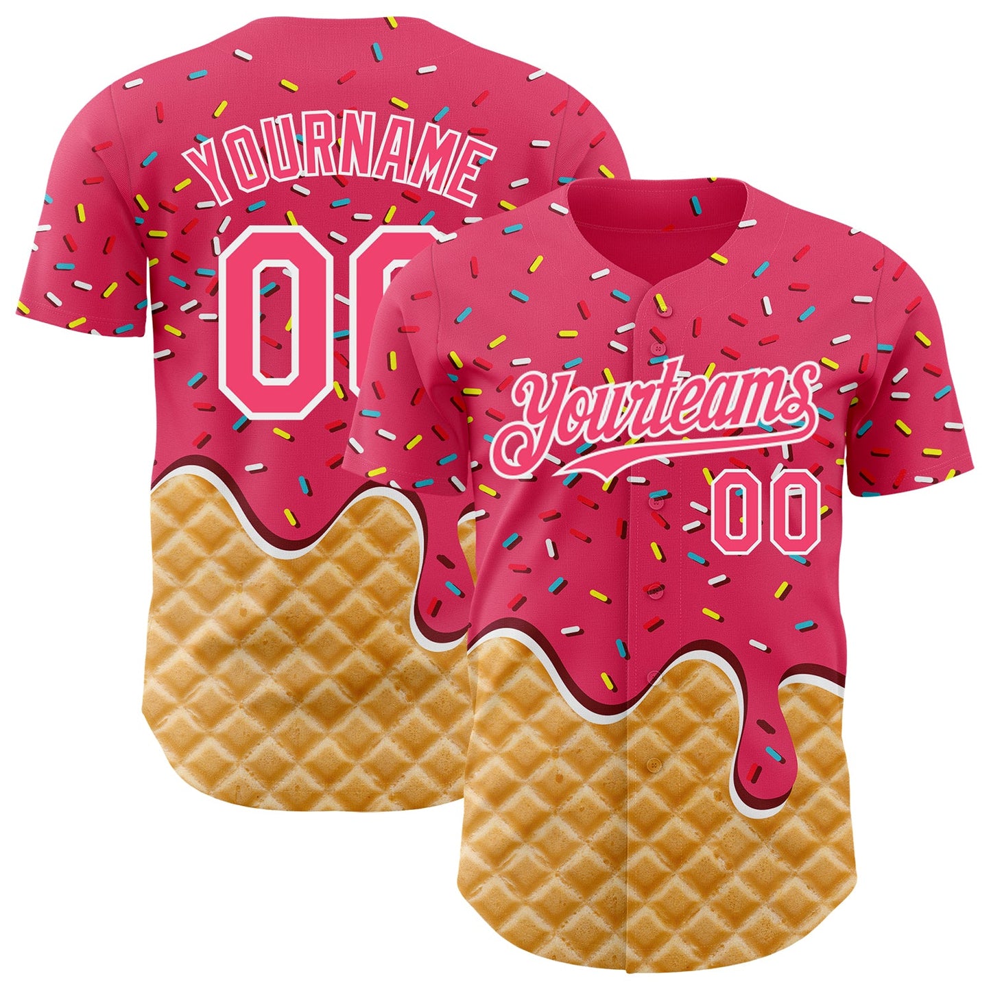 Custom Neon Pink-White Ice Cream Waffle Foodie Dessert Authentic Baseball Jersey - Main View
