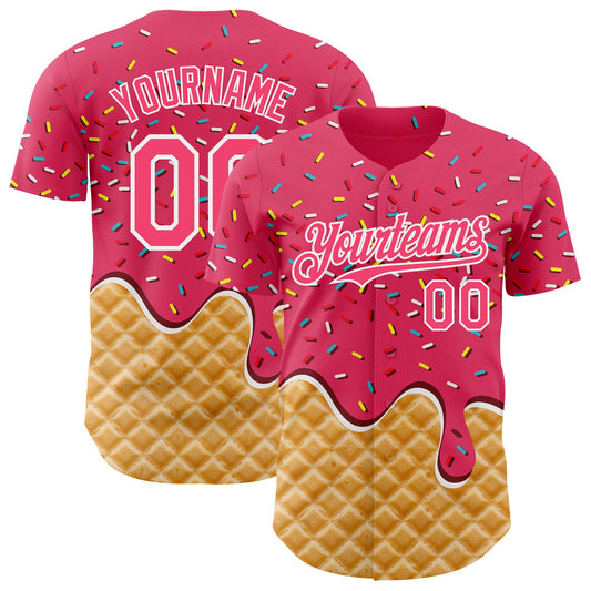 Custom Neon Pink-White Ice Cream Waffle Foodie Dessert Authentic Baseball Jersey - Main View