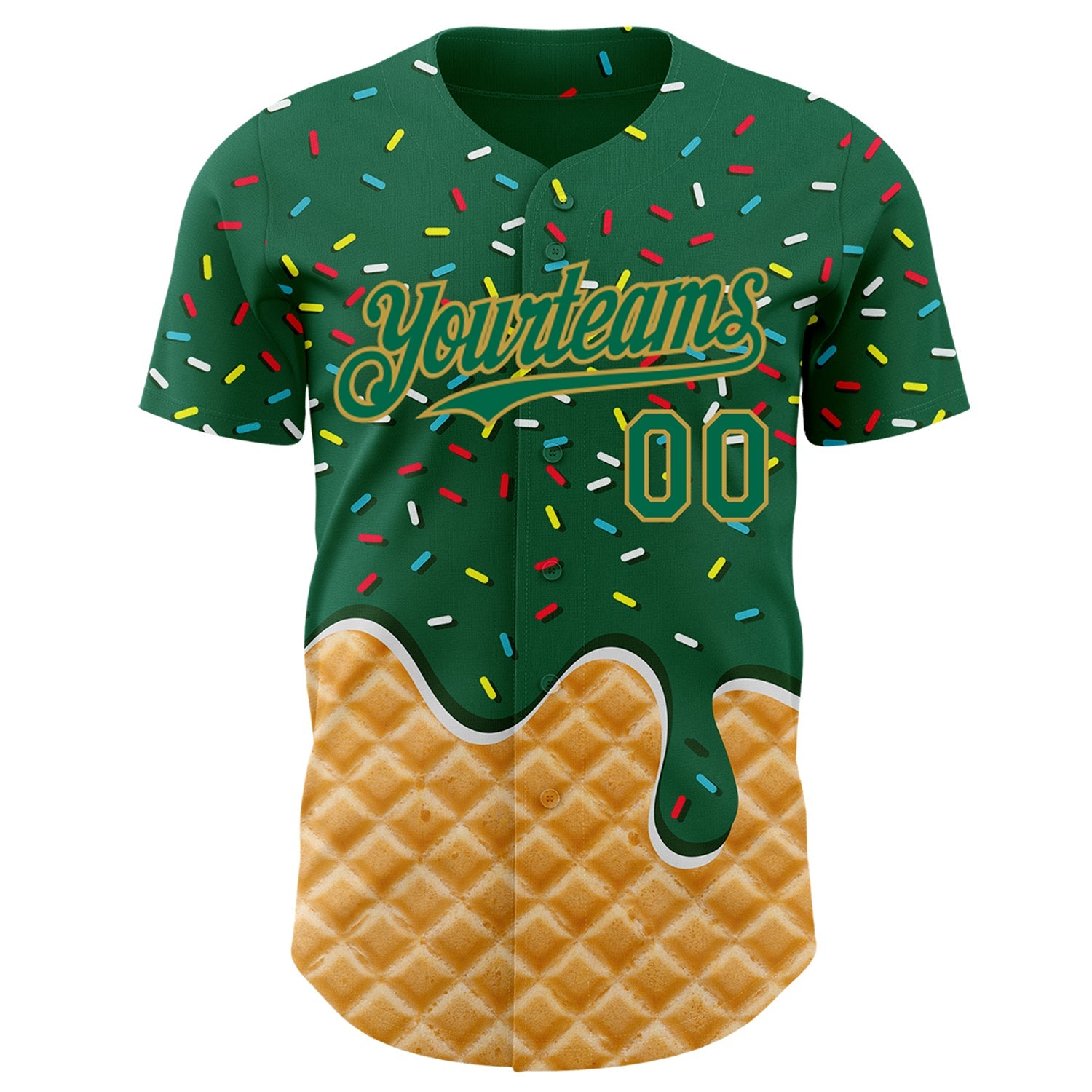 Custom Kelly Green-Old Gold Ice Cream Waffle Foodie Dessert Authentic Baseball Jersey view 2