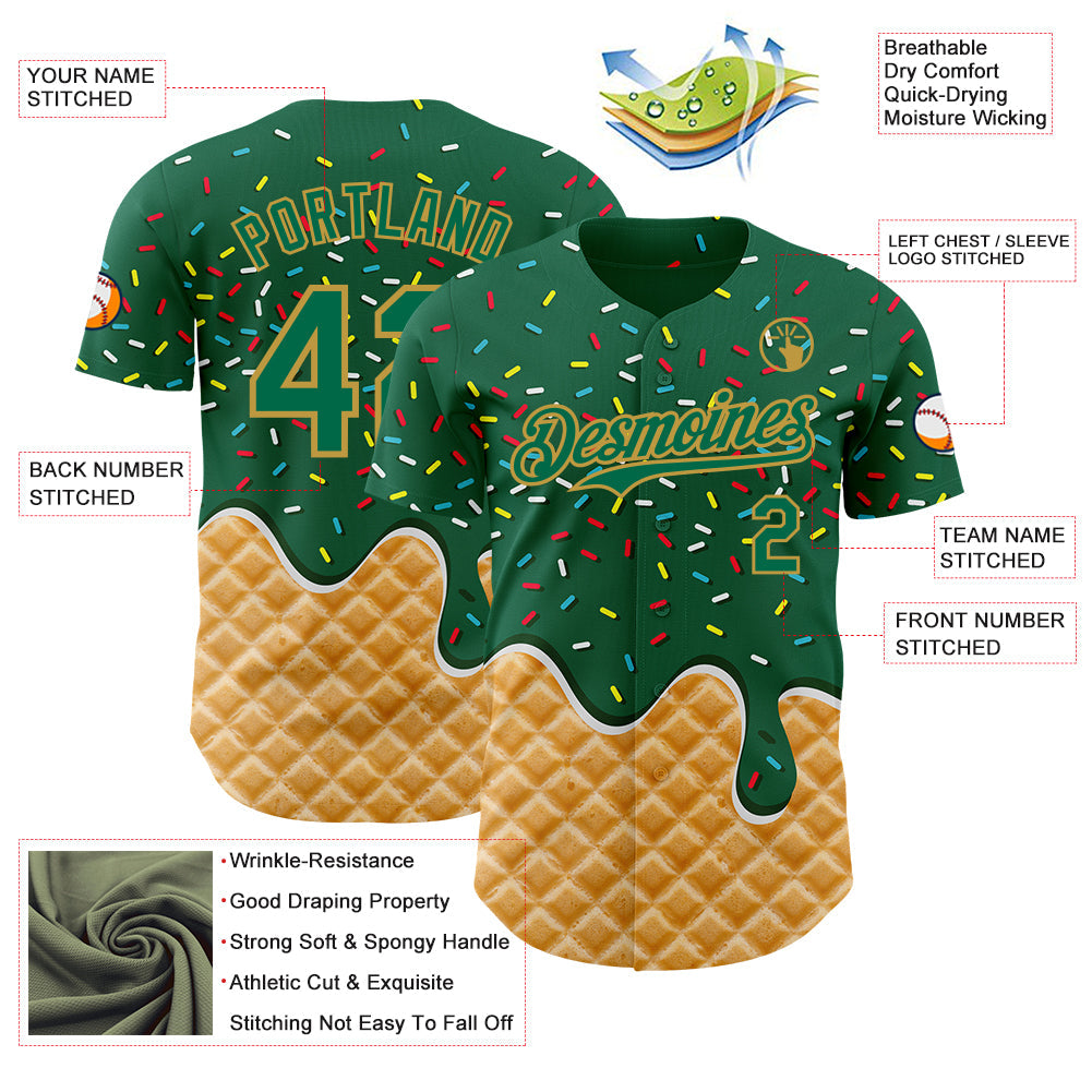 Custom Kelly Green-Old Gold Ice Cream Waffle Foodie Dessert Authentic Baseball Jersey view 3