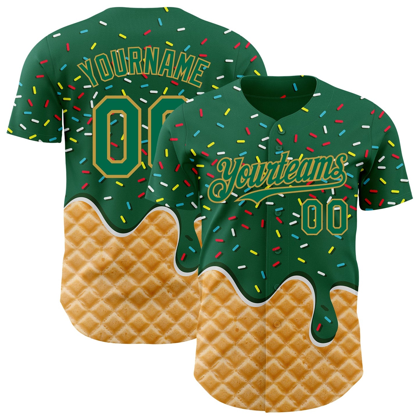 Custom Kelly Green-Old Gold Ice Cream Waffle Foodie Dessert Authentic Baseball Jersey - Main View