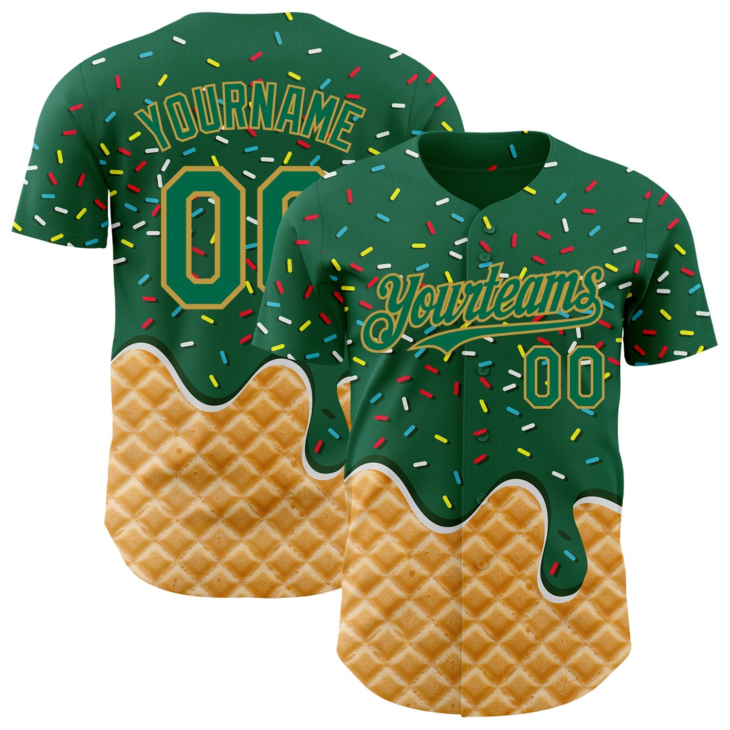 Custom Kelly Green-Old Gold Ice Cream Waffle Foodie Dessert Authentic Baseball Jersey - Main View