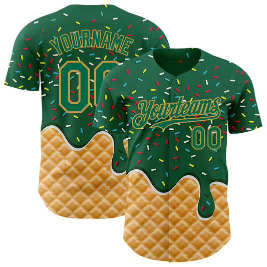 Custom Kelly Green-Old Gold Ice Cream Waffle Foodie Dessert Authentic Baseball Jersey - Main View
