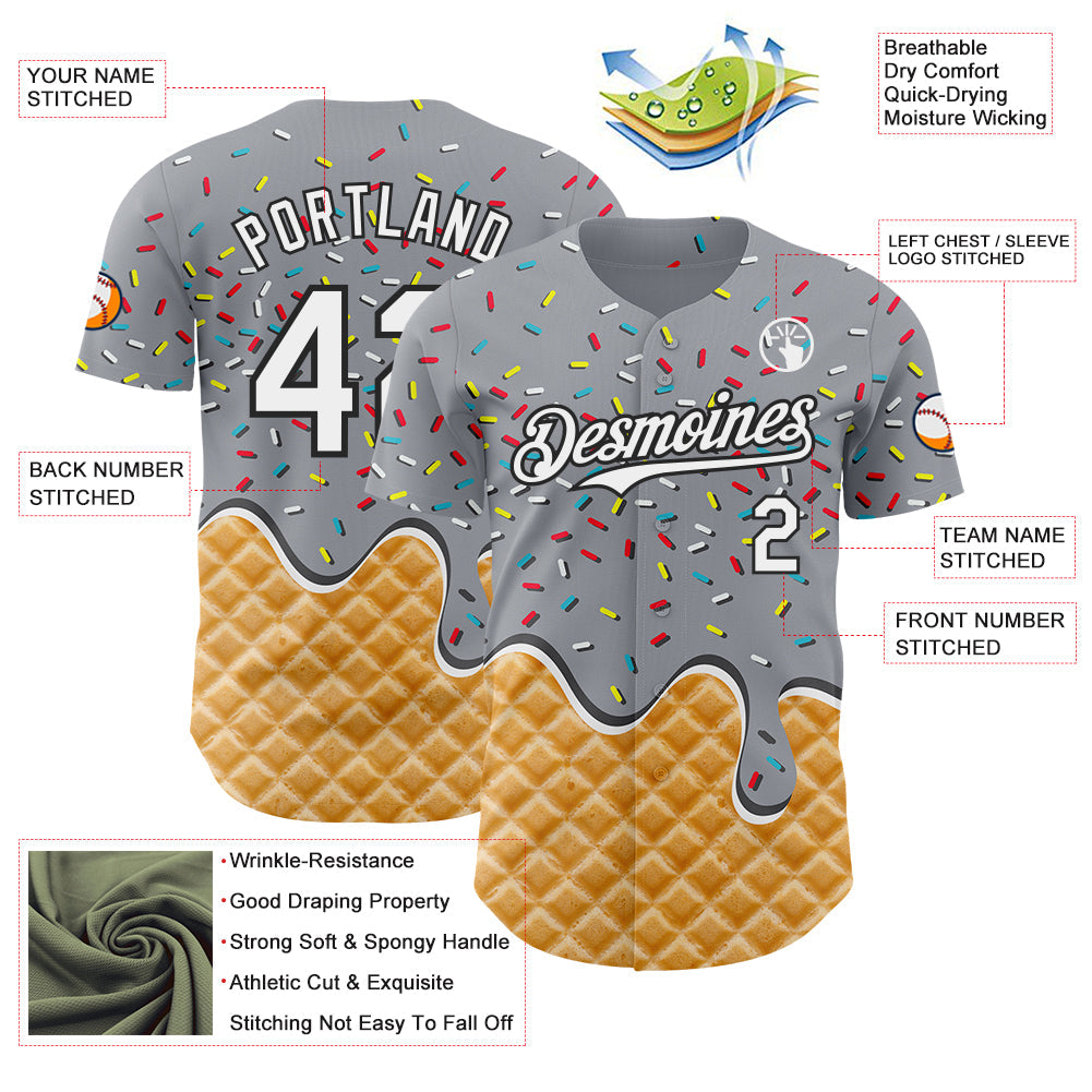 Custom Gray White-Black Ice Cream Waffle Foodie Dessert Authentic Baseball Jersey view 3