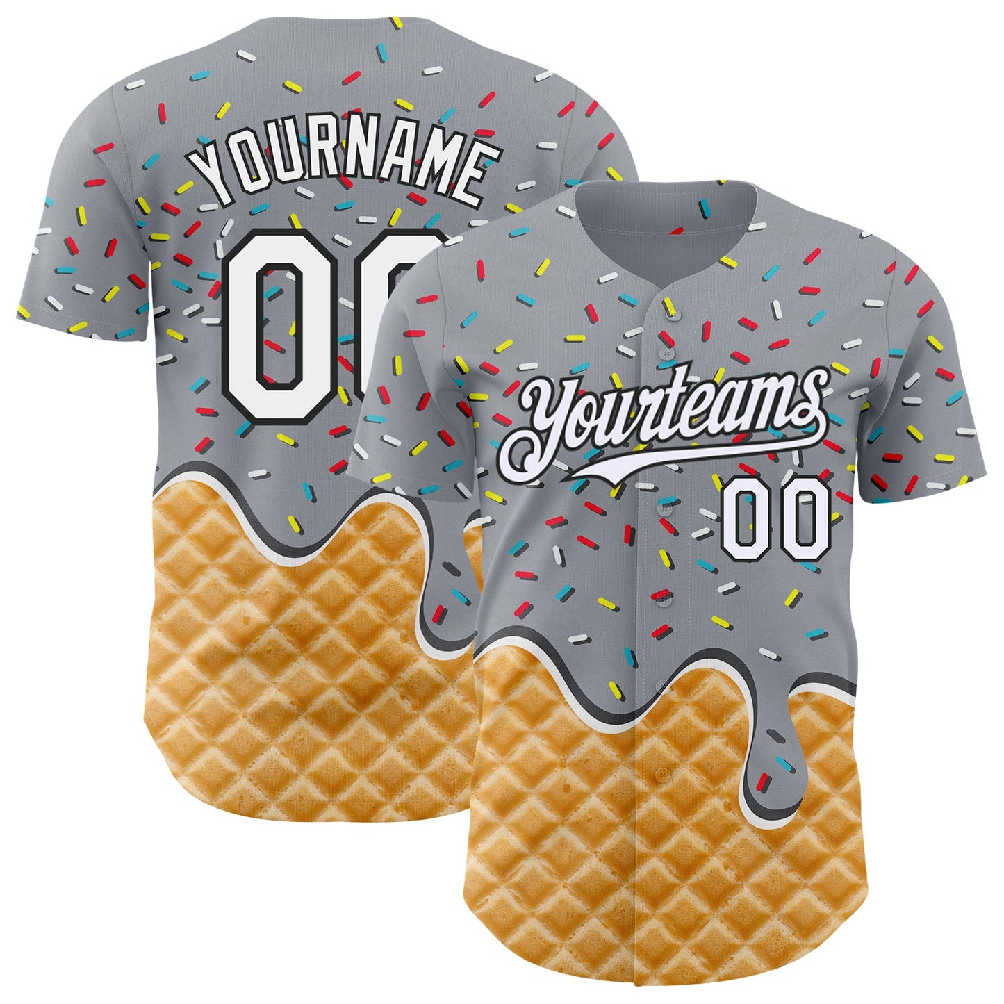 Custom Gray White-Black Ice Cream Waffle Foodie Dessert Authentic Baseball Jersey - Main View